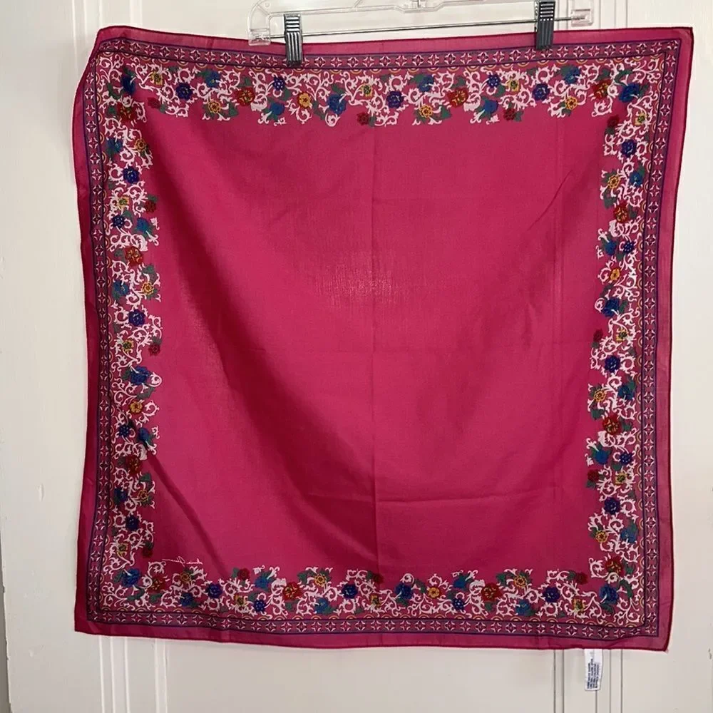 Vintage 1987 Ginnie Johansen bright pink cotton square scarf/ paisley border‎